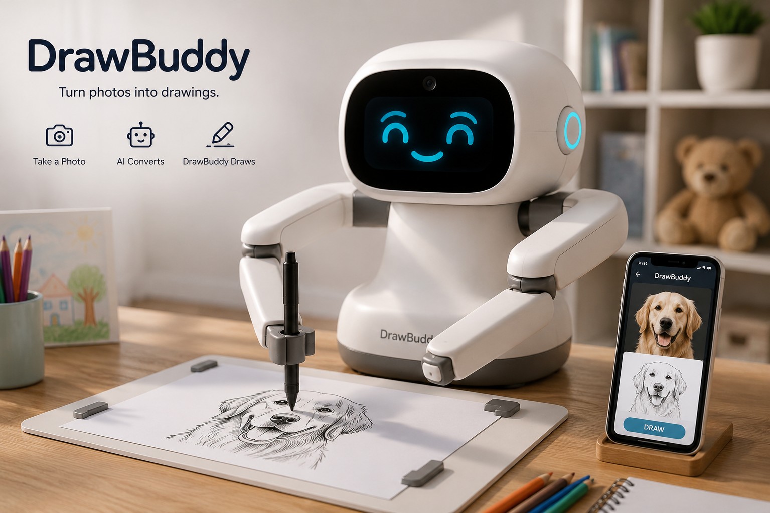 DrawBuddy robot drawing on paper